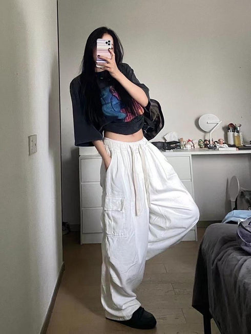 Baggy Pleated Drawstring Multi-Pocket Flare Cargo Pants